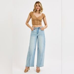 Risen Mid Rise Light Wash Barrel Jeans Wrap Seam Detail Stretch Various NEW